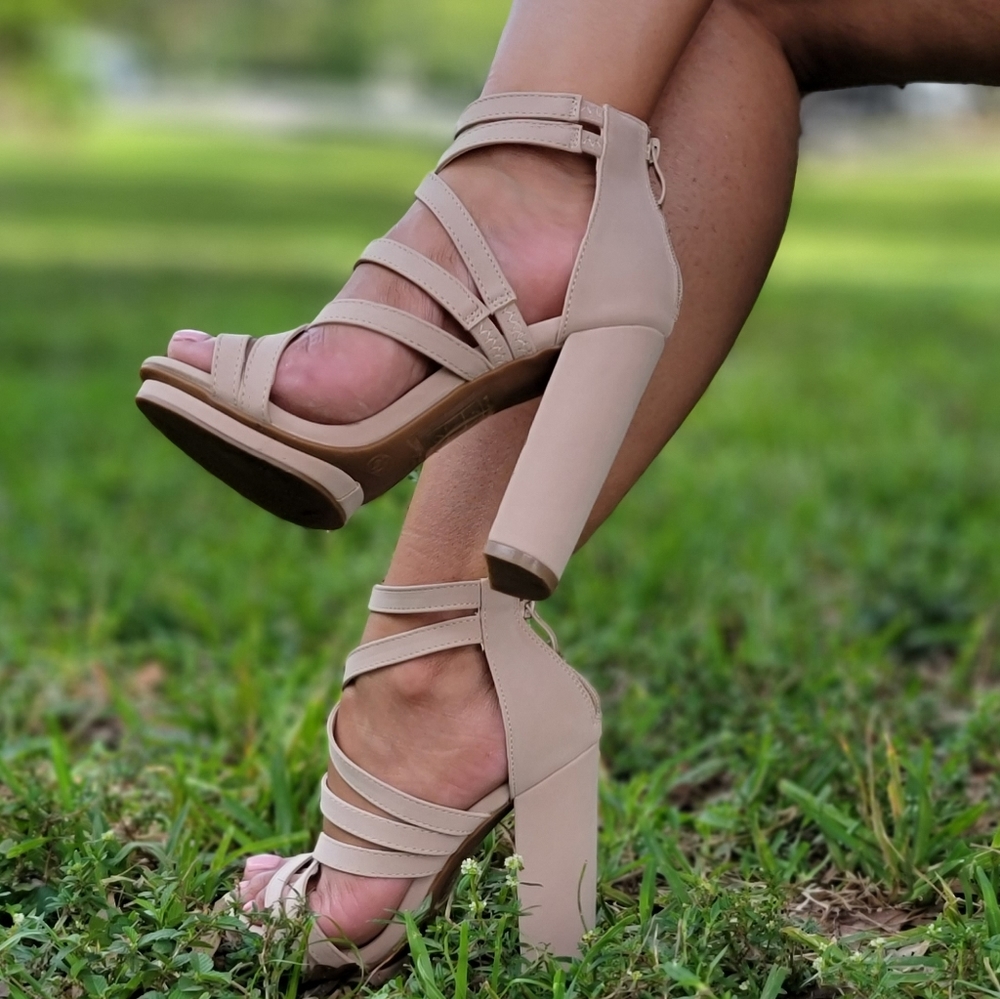 Nude Nubuck Strappy Open Toe Block Heel Sandal